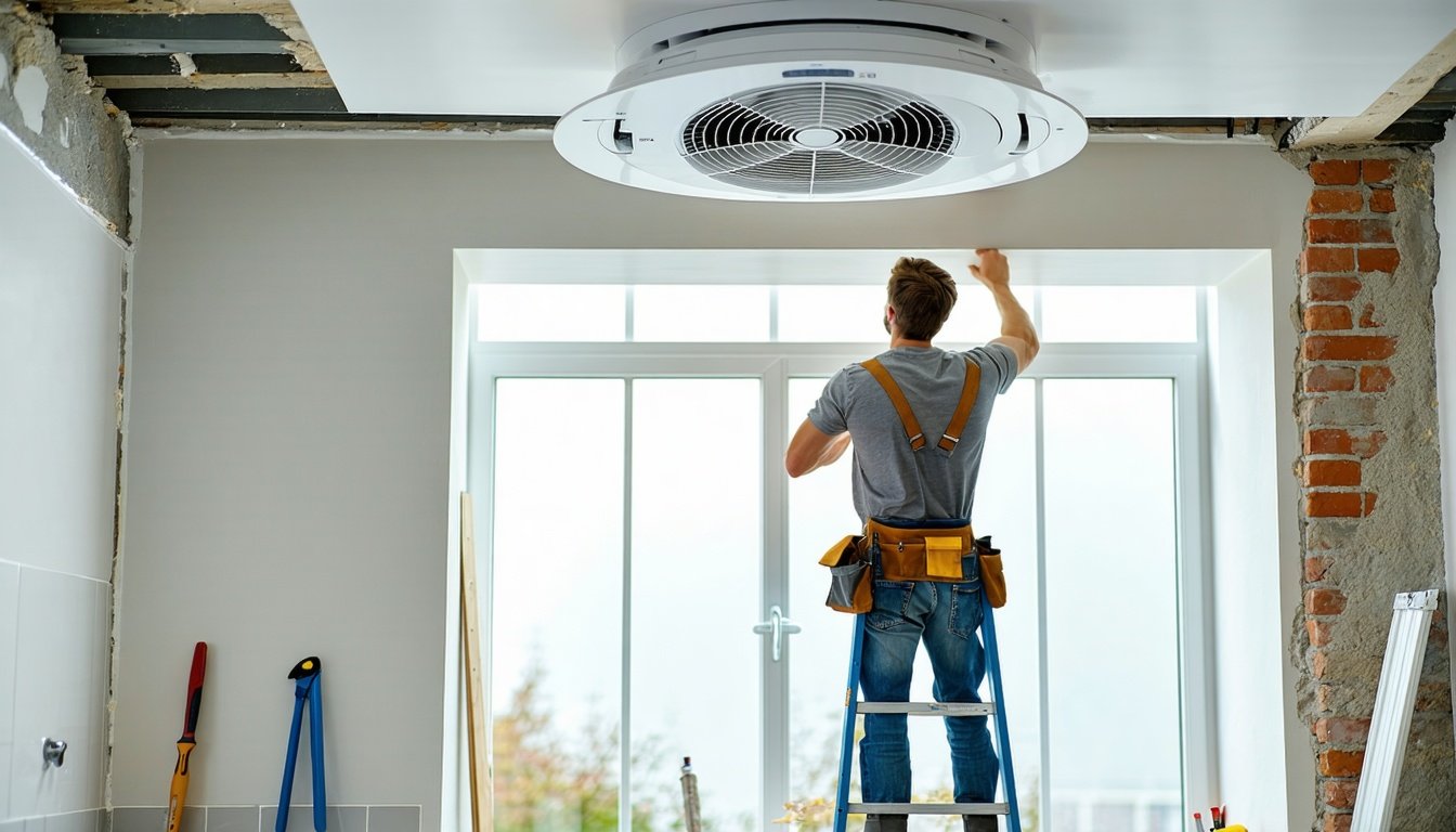 Elektriker på stige monterer rund ventilator i badeværelsesloftet – montering af ventilation i badeværelse