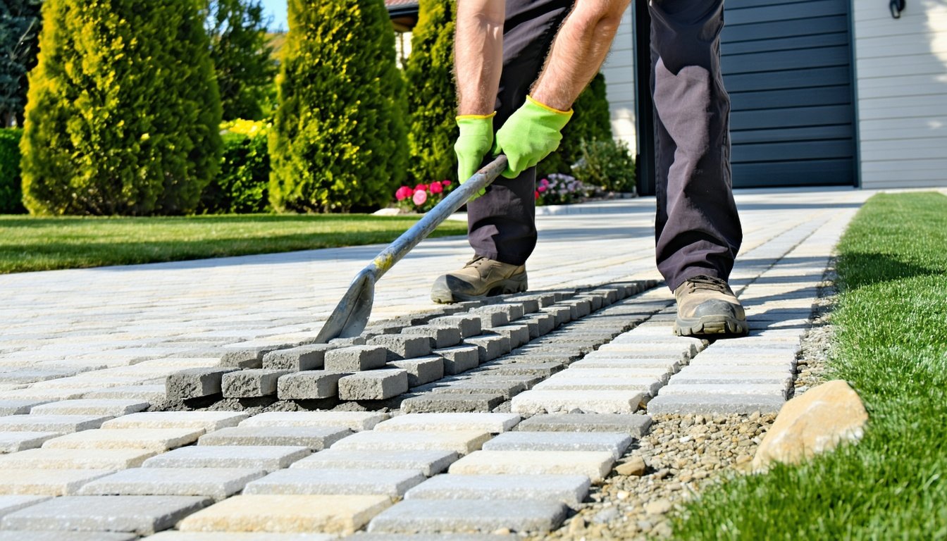 Anlægsgartner lægger belægningssten på ny indkørsel – sammenlign med beton indkørsel pris