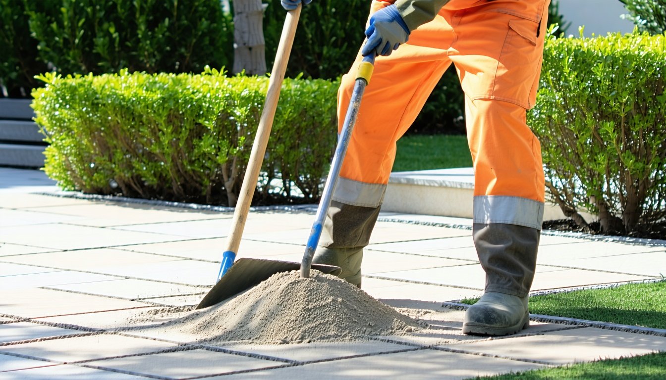 Håndværker jævner sandlag til fliser i have – forberedelse påvirker prisen på en indkørsel