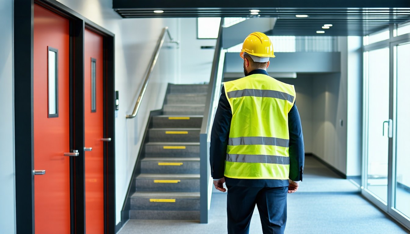 Certificeret brandrådgiver i refleksvest og hjelm kontrollerer flugttrappe og branddøre i en moderne dansk boligbygning