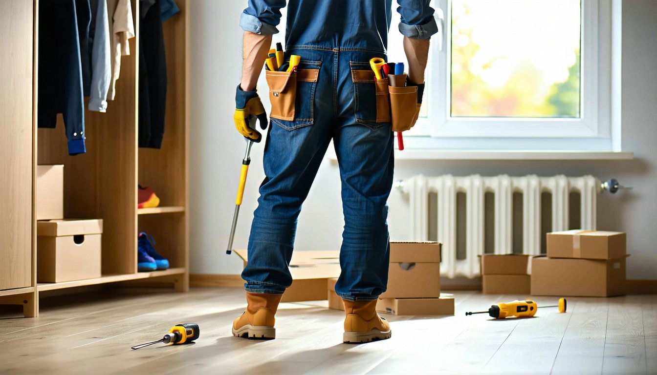 Handyman set bagfra samler et fladpakket klædeskab i et soveværelse med skruetrækker og vaterpas på gulvet