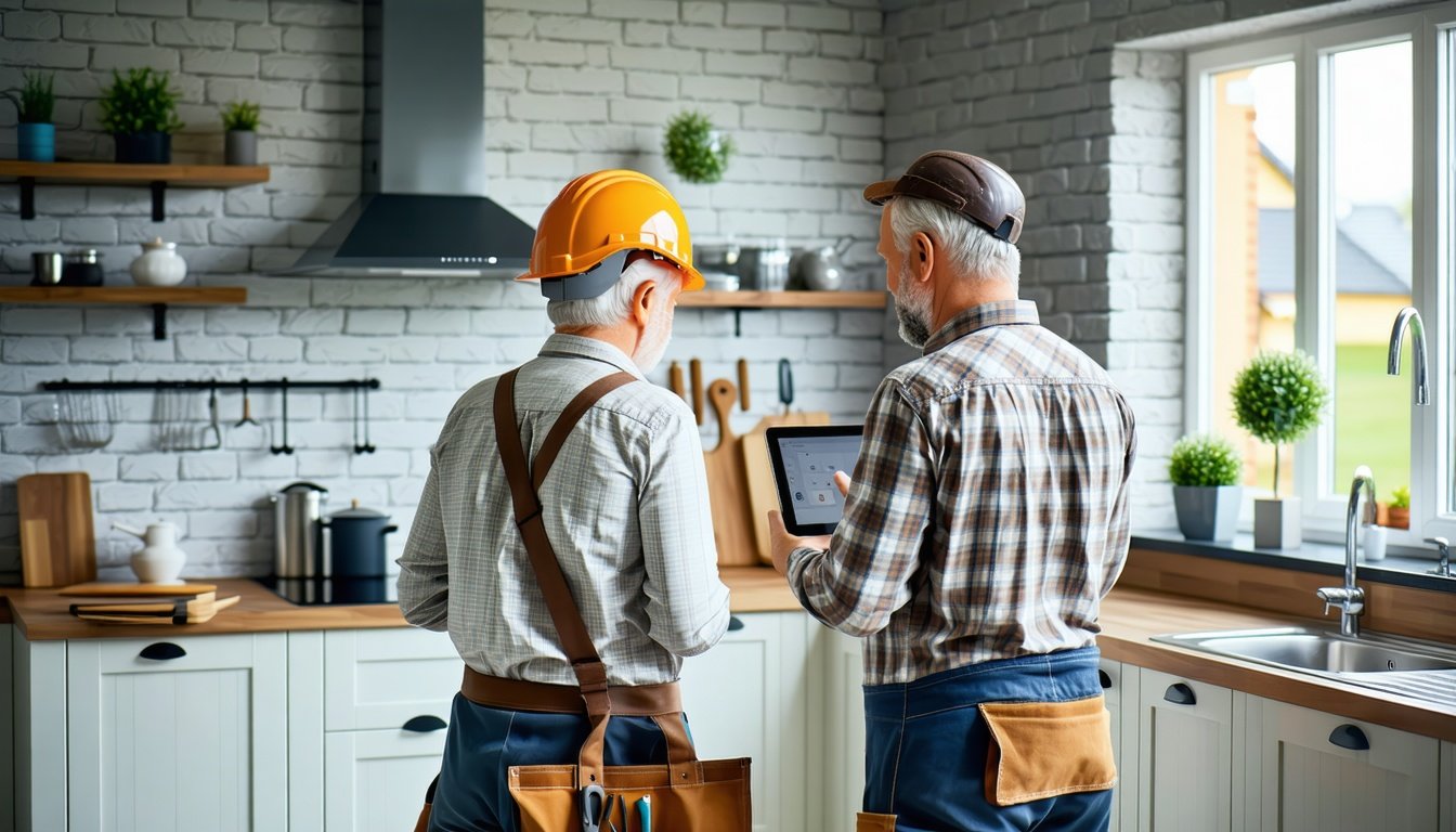 Handyman og husejer gennemgår nymalet køkken i et dansk murstenshus, set bagfra med værktøjskasse på bordpladen