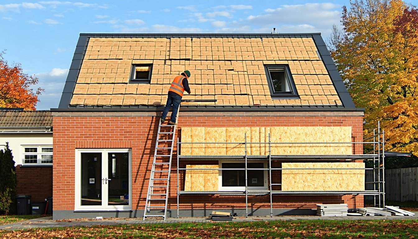 Håndværker på stige monterer isoleringsplader på ydervæg af rødt murstenshus som efterisolering om efteråret