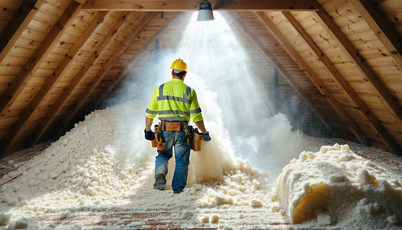 Isolatør blæser cellulose-isolering ud mellem bjælkerne på et loft i et ældre hus – efterisolering af loftet