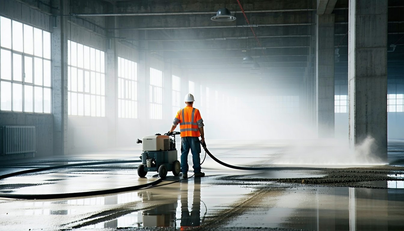 Håndværker bagfra slibning af betongulv med planetarisk gulvsliber og støvsugerslange i lyst industrielt loftrum