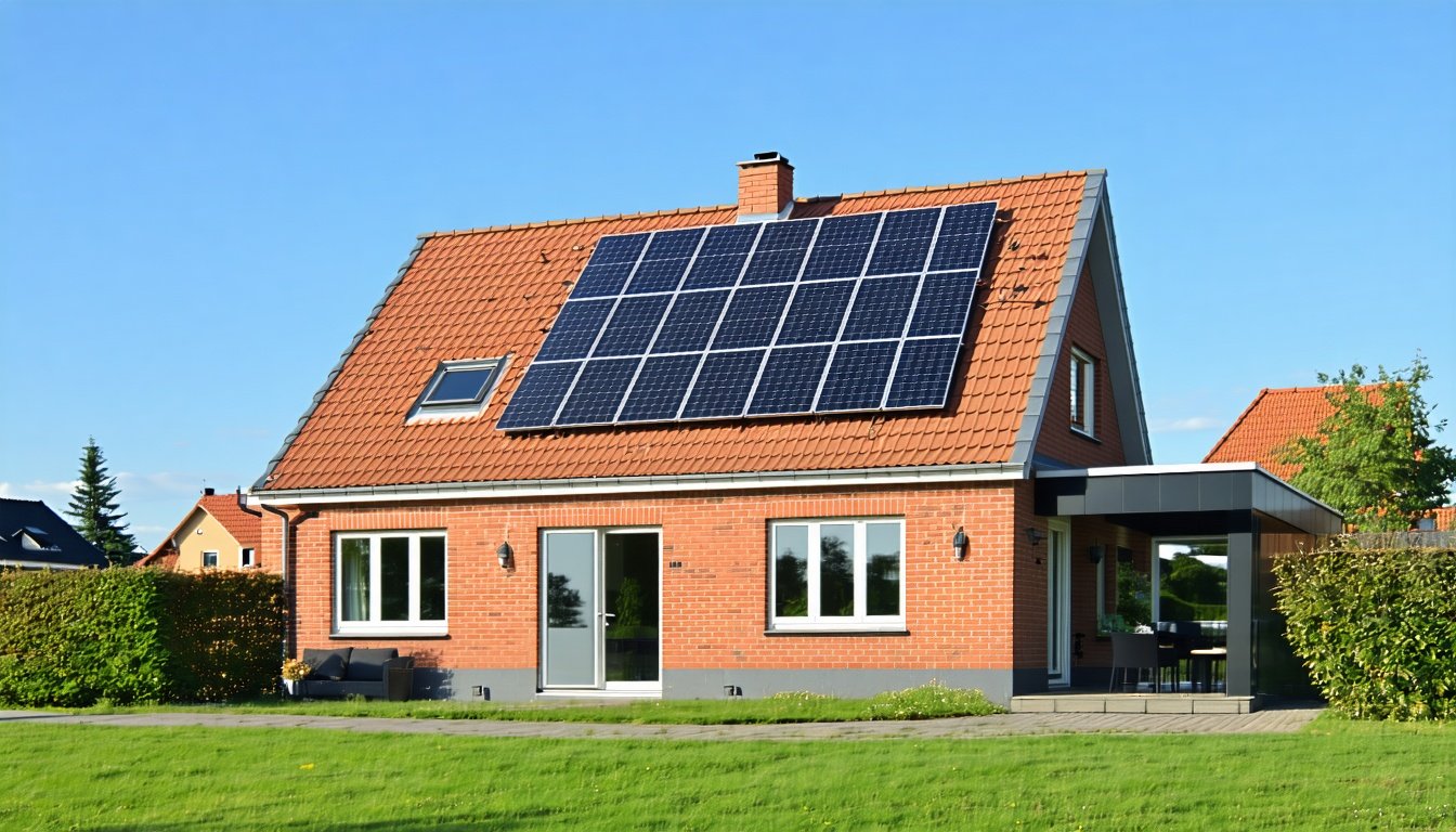 Rødstenshus med sorte solceller på taget – se solcelle pris for en typisk villa i 2026