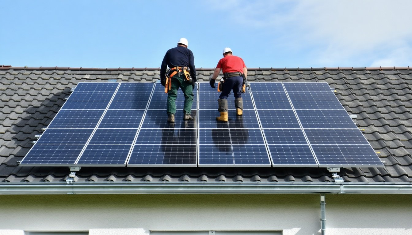 To montører installerer sorte solceller på et teglbeklædt tag, som viser hvad solcelle pris dækker over