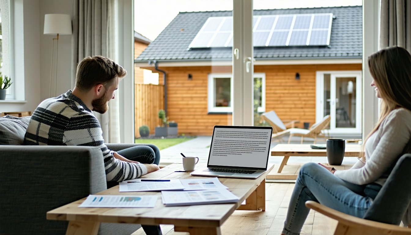 Par sammenligner tilbud på solcelle pris ved stuebordet, mens huset udenfor har solceller på taget