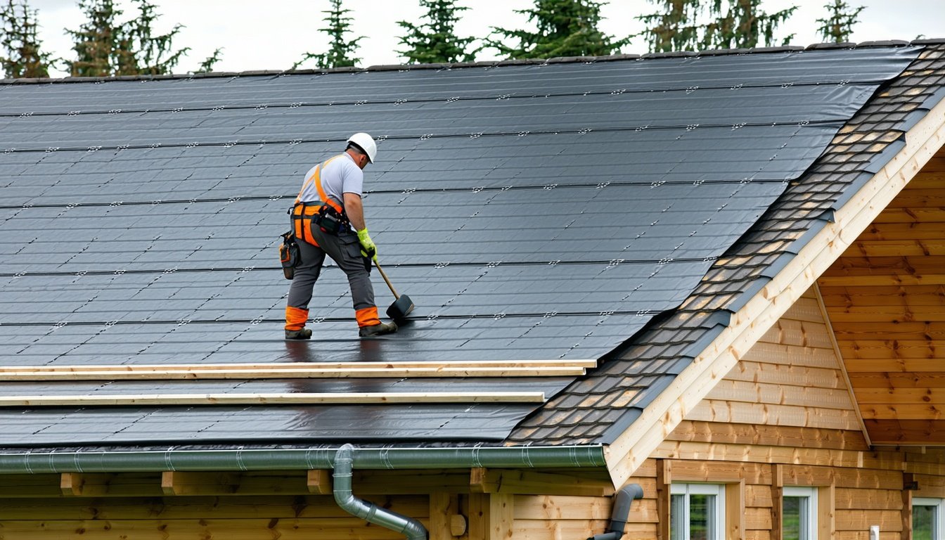 Tagdækker ruller sort undertag ud over spær på parcelhus – materiale og arbejde påvirker prisen på undertag