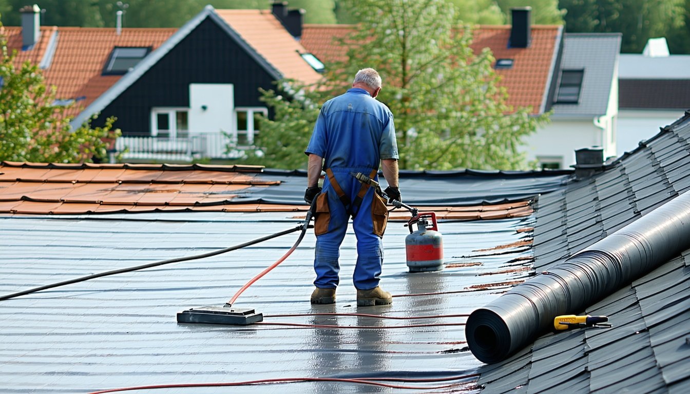Tagdækker reparerer revnet undertag af tagpap med gasbrænder på skråt tag – pris på undertag afhænger af materiale