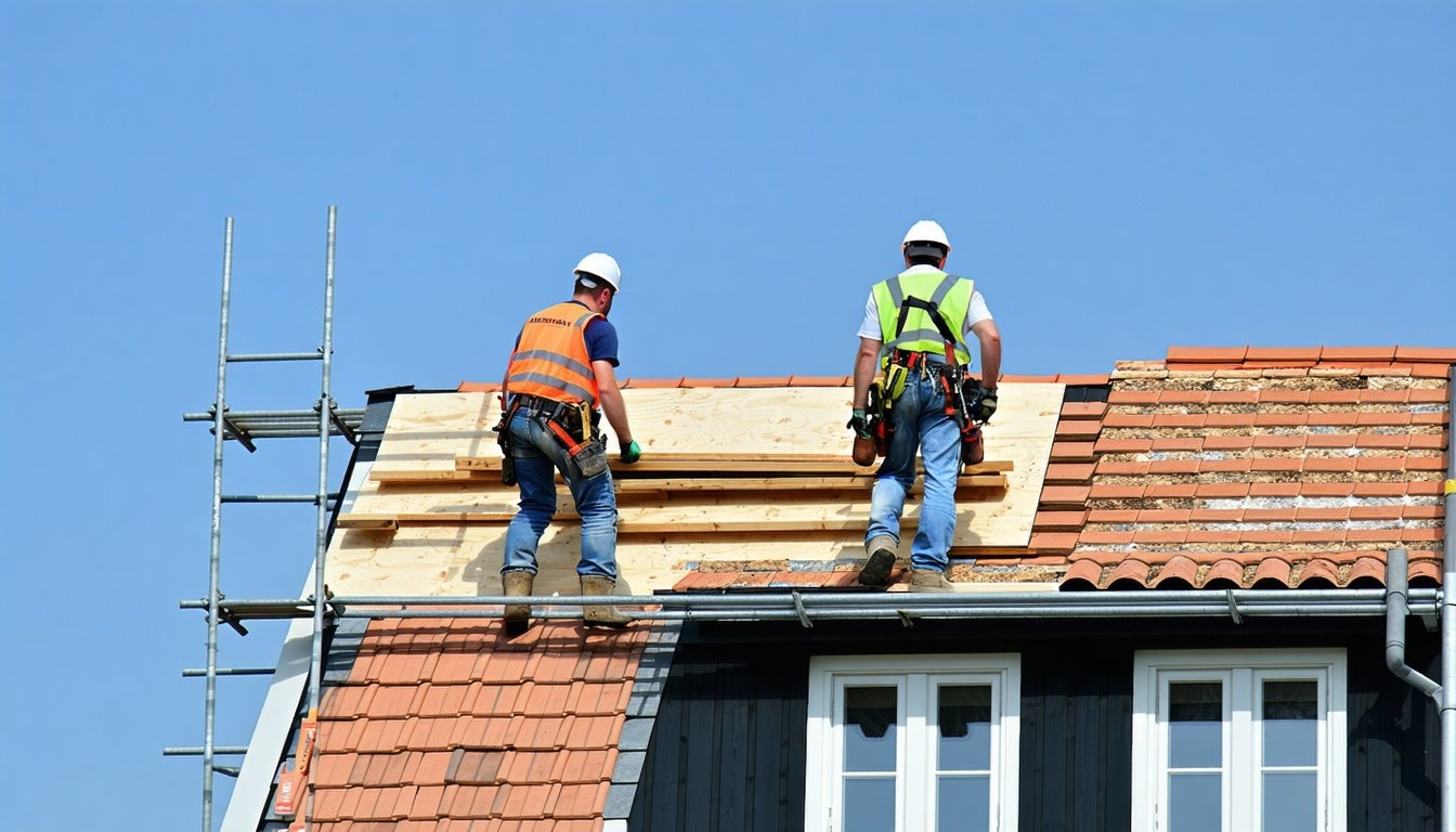 Tagdækkere set bagfra lægger lægter og tegl på et nyt tag på et dansk parcelhus med stillads