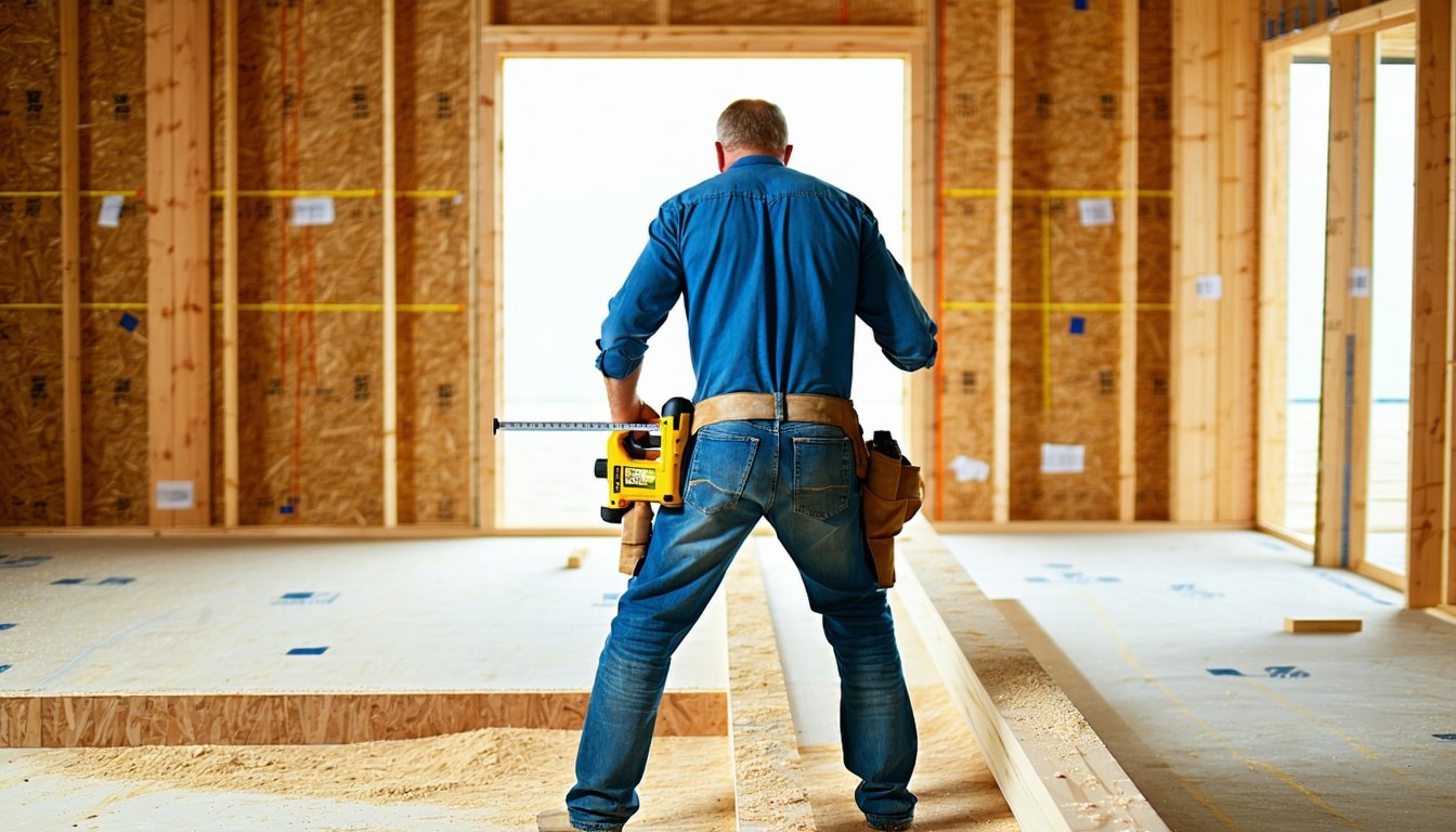 Tømrer set bagfra tegner målstreg på bjælke under renovering – hvad koster en tømrer i timen?