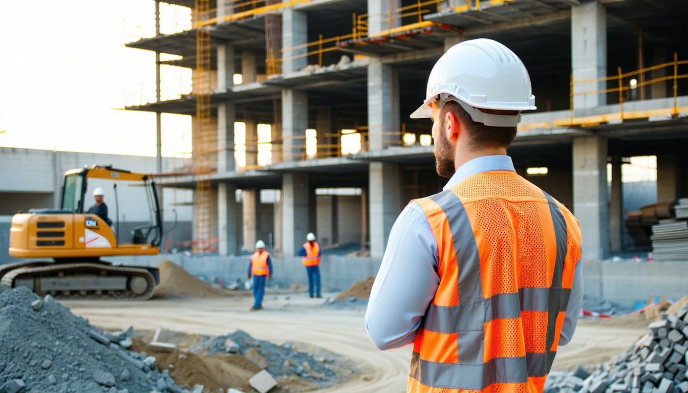 Byggeleder overvåger arbejdere på stor byggeplads under opførelse af en rundbuehal – pris afhænger af projektet
