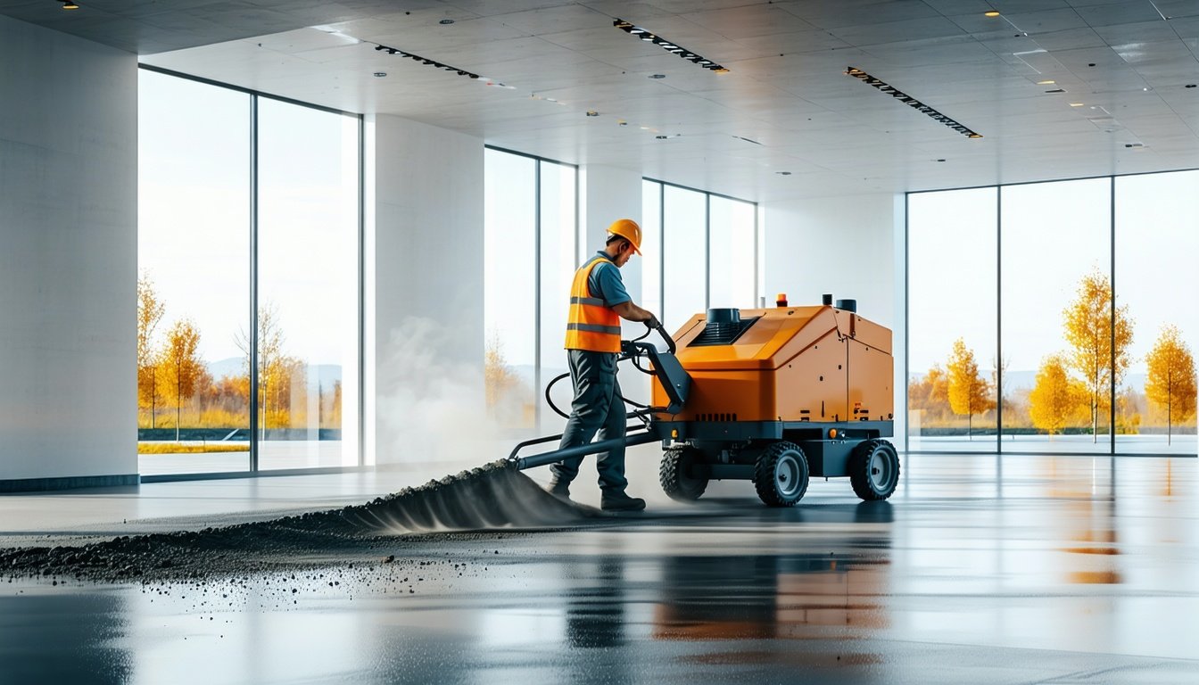 Håndværker udfører slibning af betongulv med orange planetslibemaskine i lyst, tomt hus