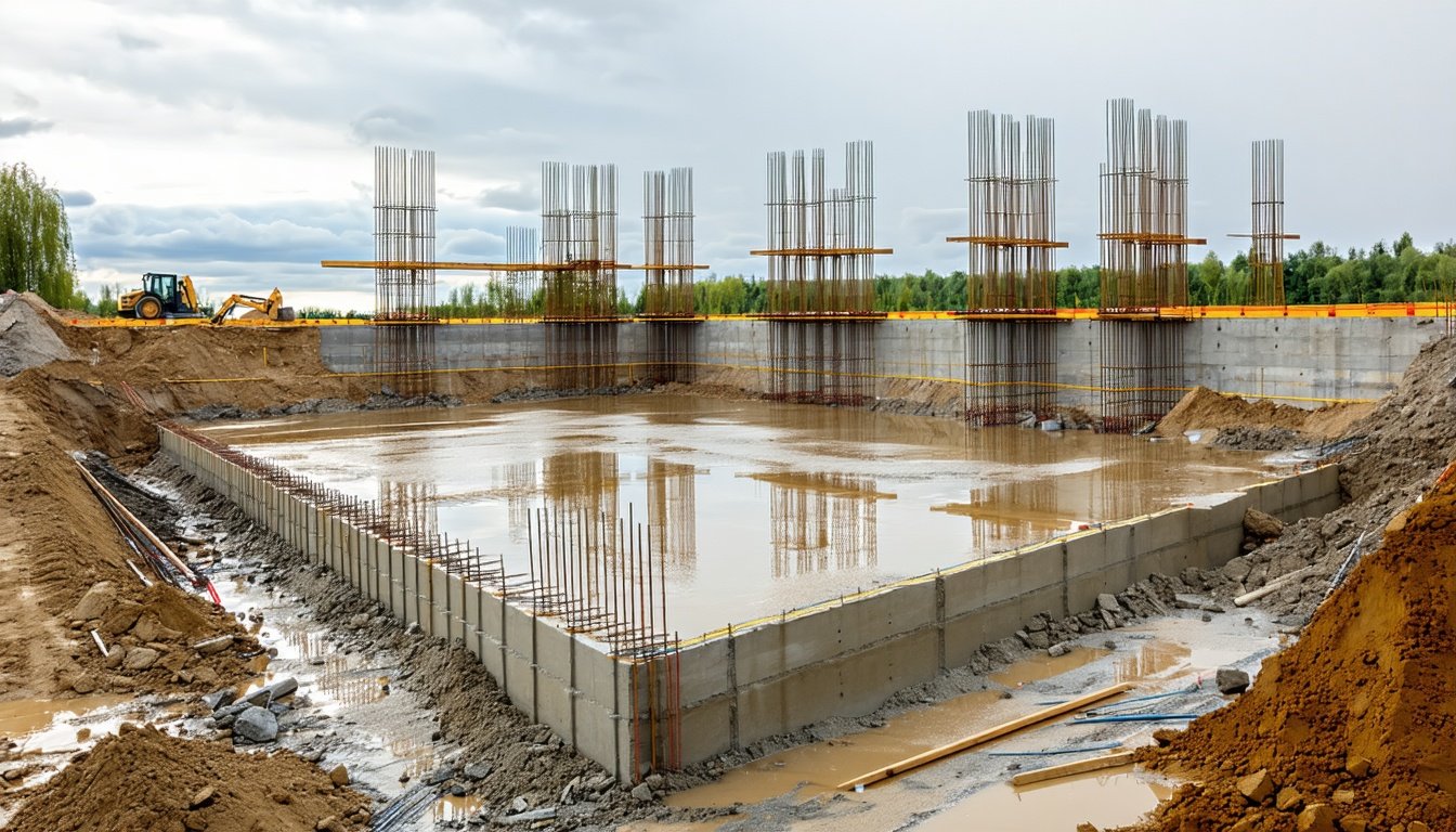 Nystøbt betonfundament til nyt hus med synlig armering og opgravet sandjord – eksempel på fundament pris