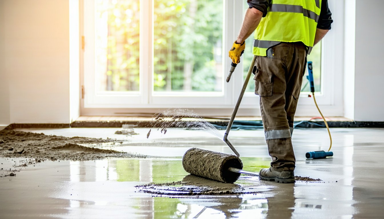 Håndværker hælder flydespartel på betongulv i lys lejlighed – piggrulle og blandeboremaskine står klar