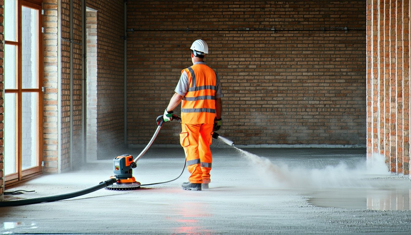 Håndværker slibning af betongulv med diamantsliber og støvsuger, laser og retskede ved siden af i murstenshus