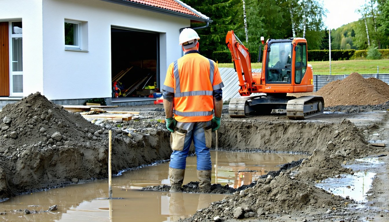 Håndværker jævner våd beton i fundamentgrav ved garageudvidelse – udgifter til fundament pris afhænger af type