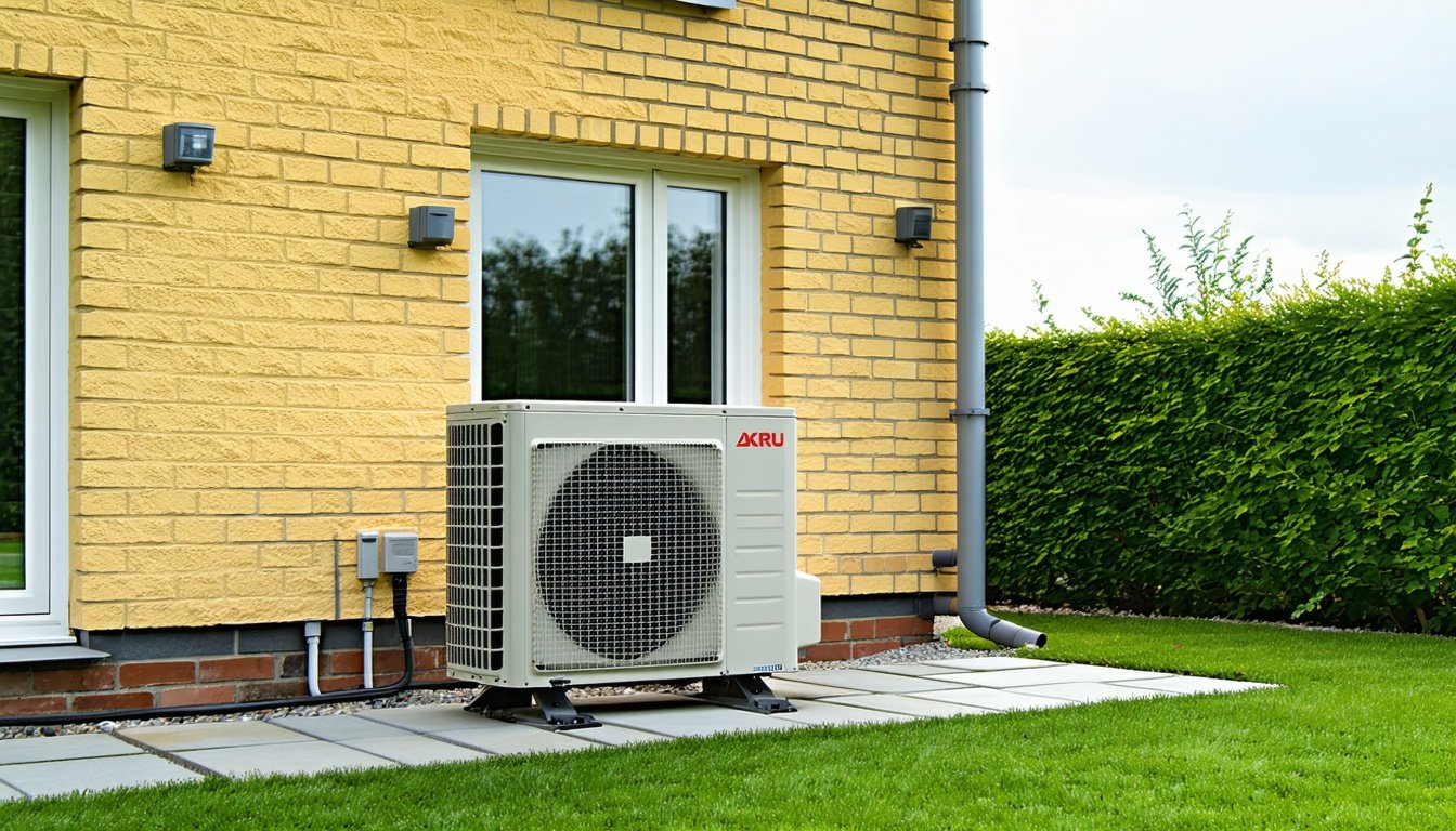 Udendørsenhed til luft til vand varmepumpe ved gult murstenshus med ryddelig have – hvad koster en varmepumpe?
