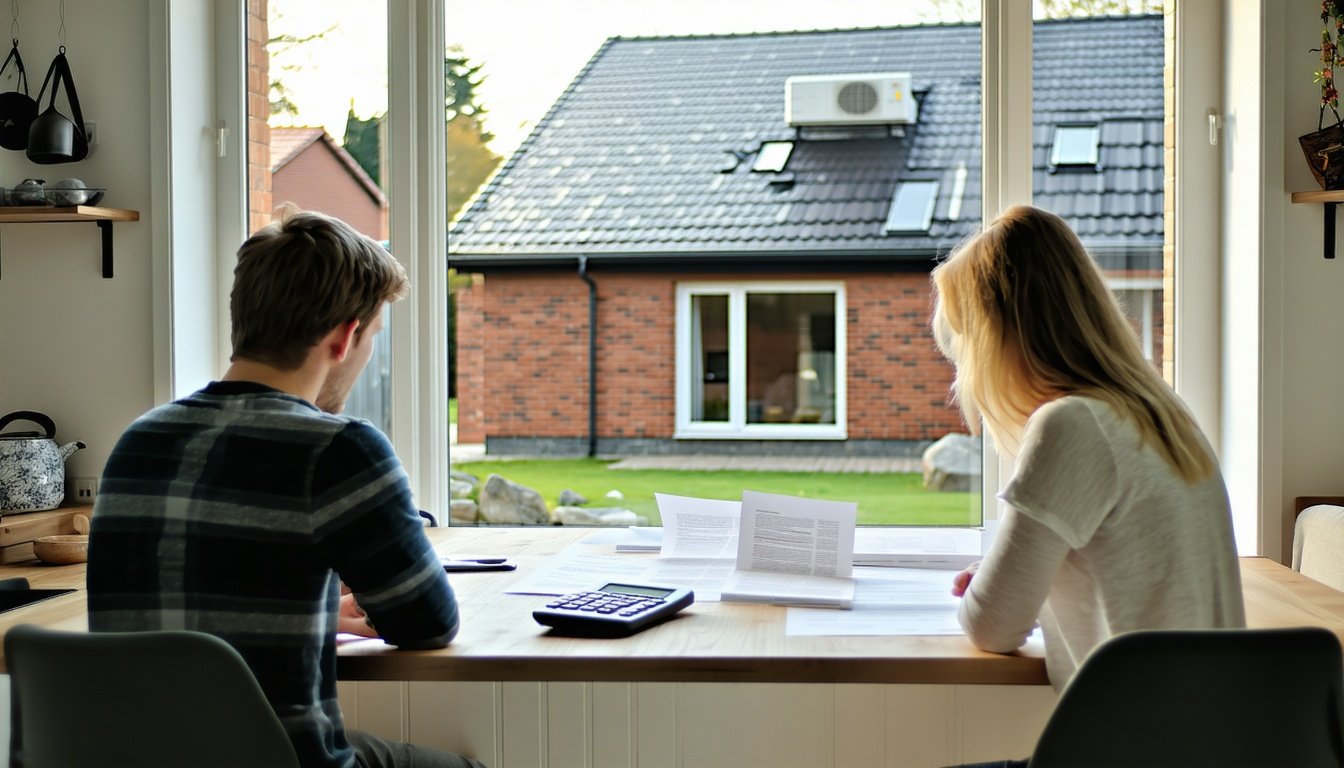 Par ved køkkenbord regner på priser på varmepumper luft til vand, mens varmepumpen ses uden for vinduet