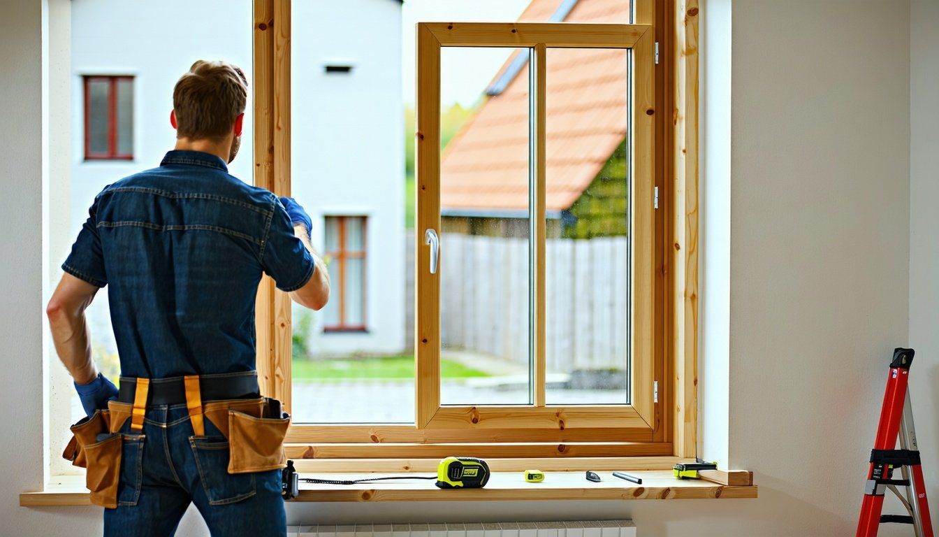 Håndværker monterer nyt trævindue i dansk hjem – prisen på nye vinduer afhænger af materiale og montering